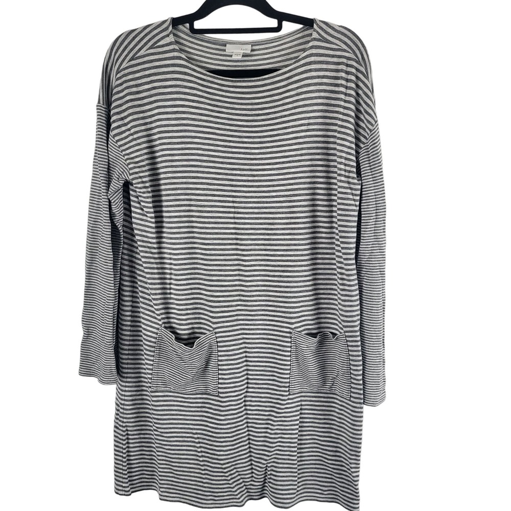 J.Jill Long Sleeve Midi Dress M Womens Grey Striped Pullover Pockets Knee Length